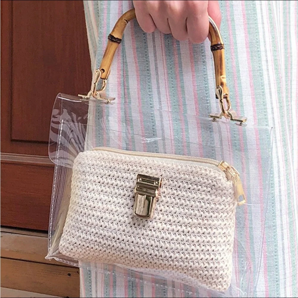 Clear stadium handbag featuring straw pouch, bamboo-look handle and chain strap. - Picture 5 of 9